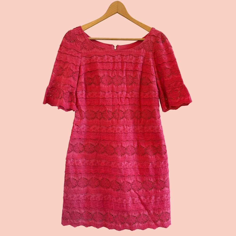 Moulinette Soeurs Anthropologie Pretty Red Tiered Eyelet Lace Shift Dress Size 4